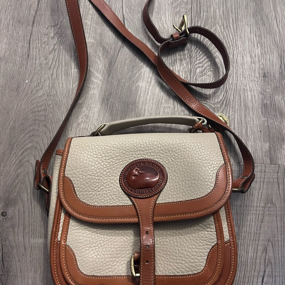 Vintage Dooney & Bourke All Weather Leather Essex Cream Tan Crossbody Satchel